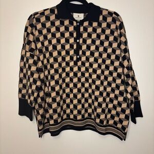 NWT Women’s Tuckernuck Onyx and Camel Knit Geo Clayton Polo Sz M/L